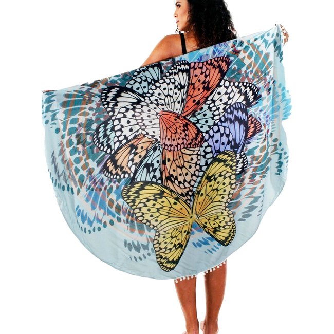 Canga REDONDA Pareô POMPOM Viscose Estampada EXCLUSIVA Borboletas Azul