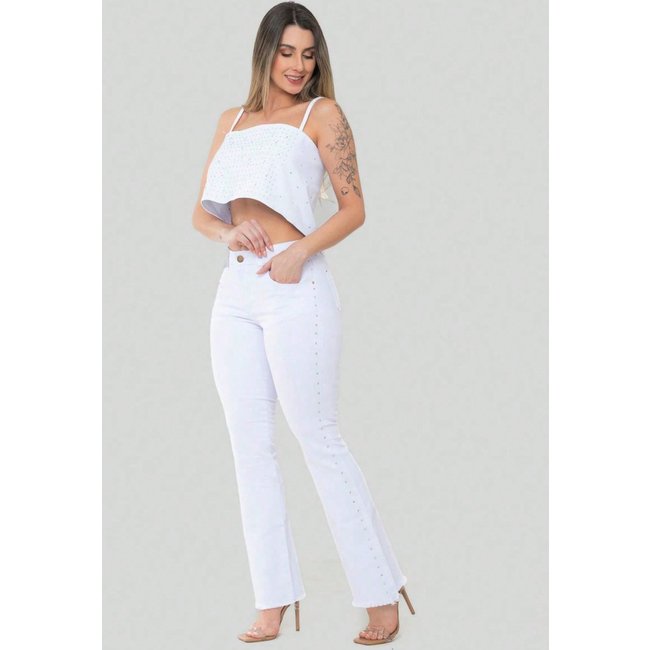 Calça Feminina Flare Sarja Branca com Strass Lateral