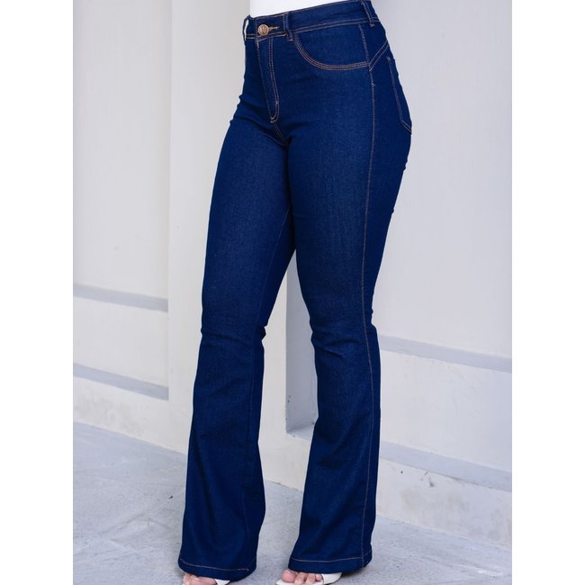 Calça Feminina Niha Jeans Flare Cintura Alta Azul Manchado