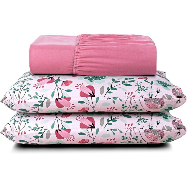 Jogo Cama Lençol Casa Scarpa Celi King Micropercal Estampado 200 Fios 3 Peças Bothanica Floral Rosa