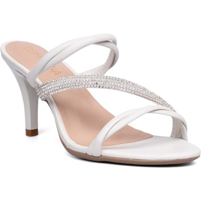 Sandália Feminina Tiras Triplas Cruzadas Com Strass e Salto Alto Fino Off White