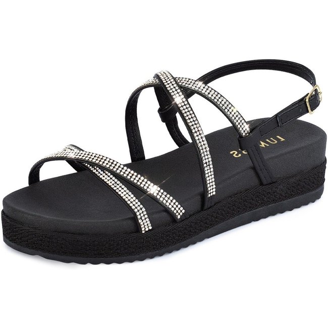 Sandália Feminina Papete Lumiss Tiras Strass Brilho Cristal Flatform Confortável Preto