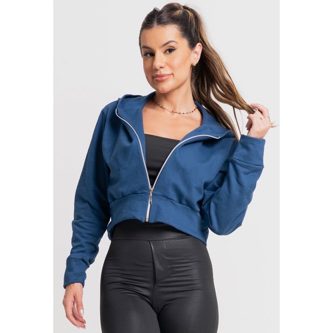 Casaco MVB Modas Bomber Ziper Moletom Cropped Flanelado Inverno Azul