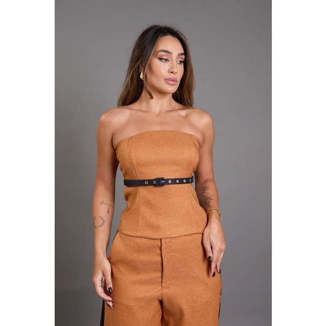 Blusa sem Alça Feminina Poliéster e Zíper Lemier Collection Caramelo