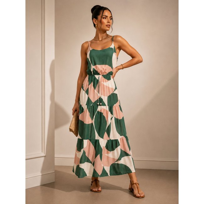 Vestido Longo Feminino Lapetry Estampa Geométrica Premium Acinturado Elegante Casual Chic Verde