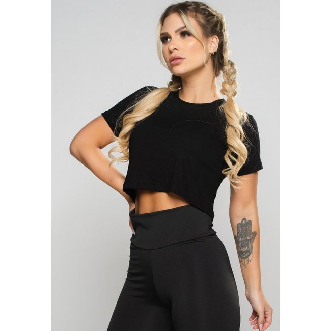 Cropped MVB Modas Blusa Manga Curta Feminina Fitness Preto