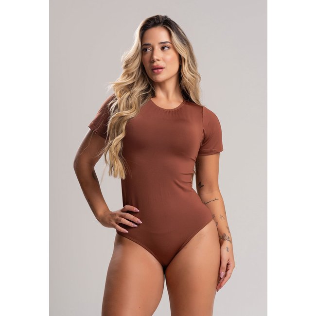 Body MVB Modas Manga Curta Collant Marrom