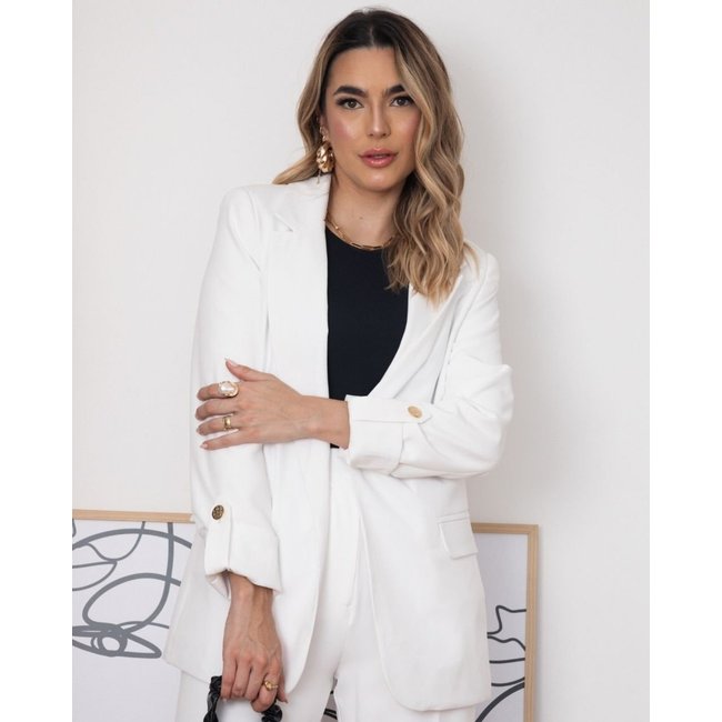Blazer Feminino Alongado Social de Alfaiataria com Manga Longa Off White