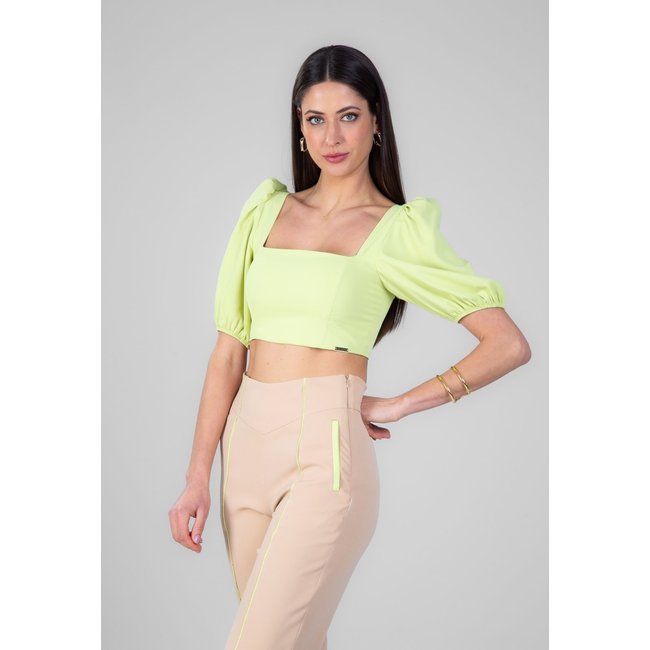 Blusa Cropped Traymon Manga Bufante Verde Lima