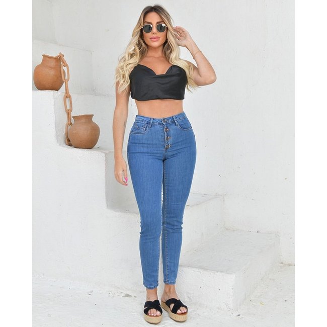 Calça Jeans Skinny Feminina Cintura Mèdia com Botões Na Vista 23138 Média Consciência