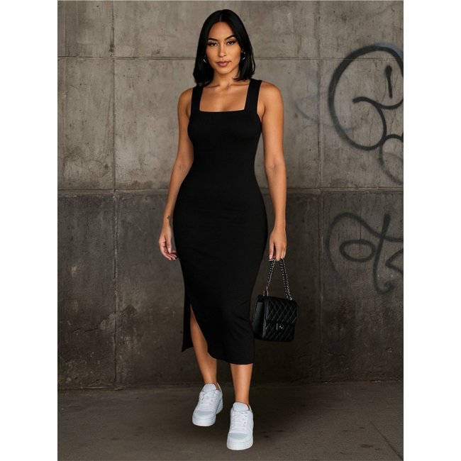 Vestido Longo feminino Garota Urbana Fashion preto Canelado ribana premium algodão sem manga