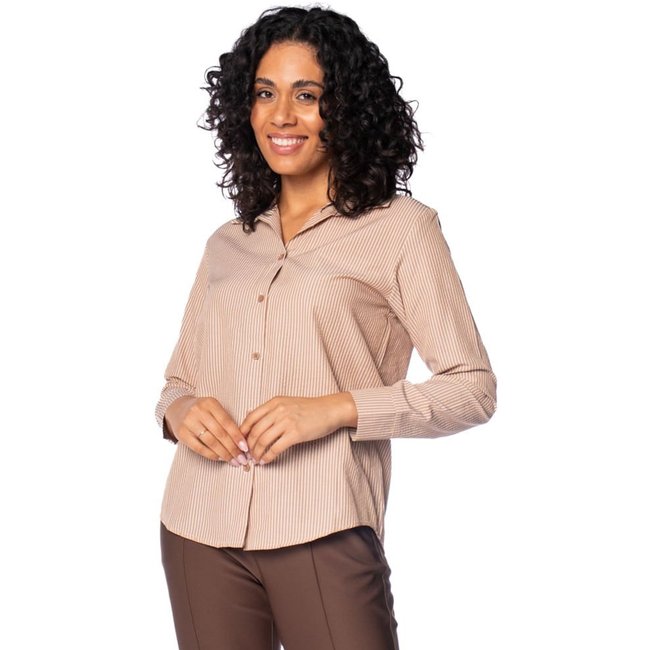Camisa Feminina Pellini Listrada Textura Marrom Claro/Branco