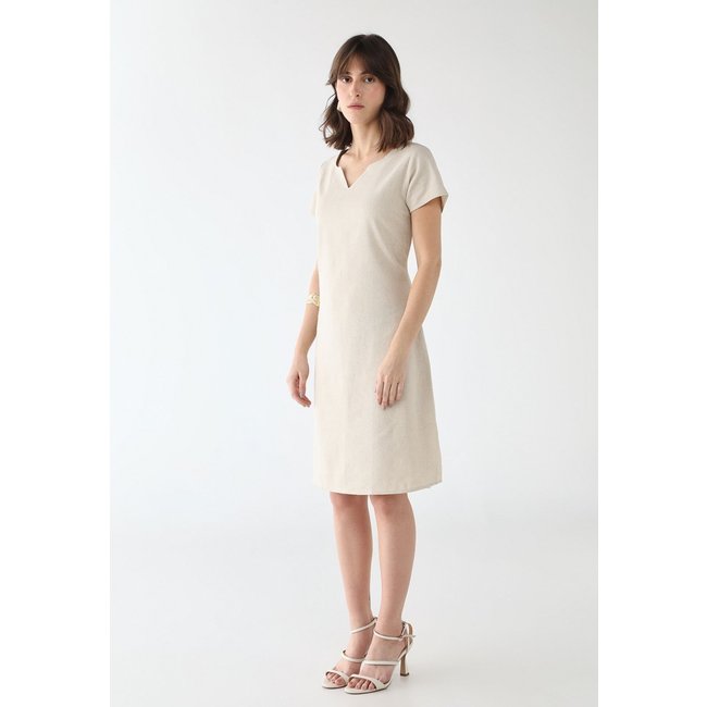 Vestido Curto de Linho com Decote em V Bege