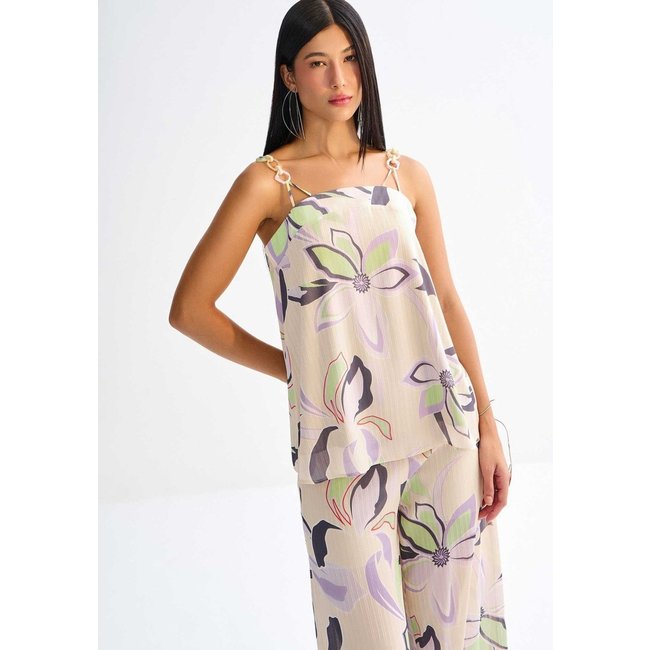 Blusa Alongada Estampada com Detalhe Alças