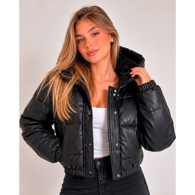 Jaqueta Cropped Feminina Puffer Capuz Forrada com Pelo 90648 Preto 206oz