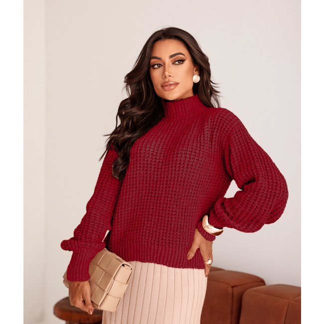 Blusa Cherry Line Manga Longa Gola Alta Ponto Fang Tricot Vermelho