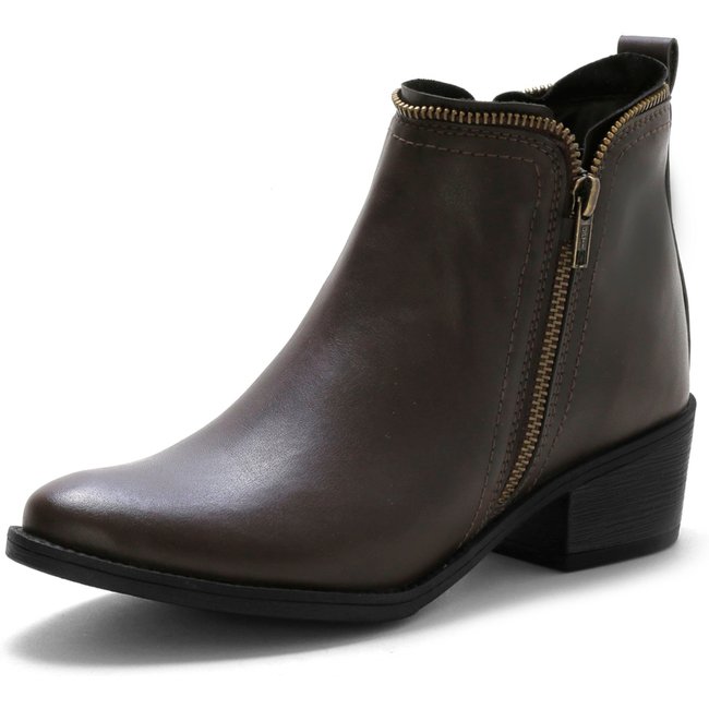 Bota Feminina RR Botas Com Zíper Lateral Chelsea Salto 4cm Baixo Country Coturno Confortável Cano Curto Café Marrom