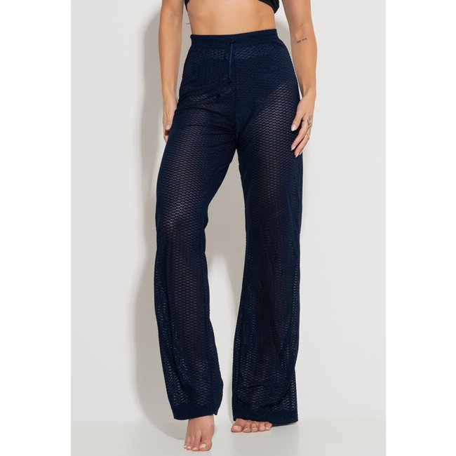 Calça MVB Modas Saída de Praia Pantalona Furadinha Renda Azul