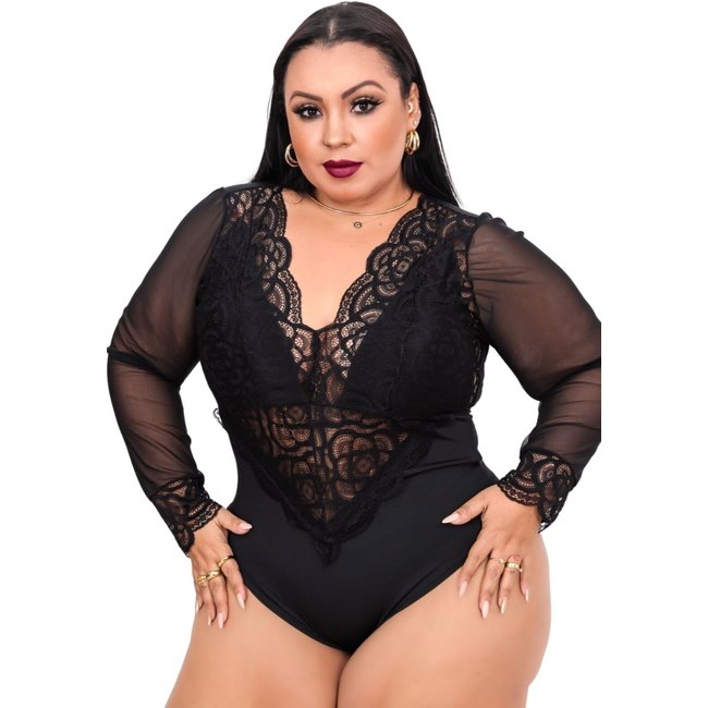 Body Summer body Plus Size Manga Longa Rendado Bojo Tamanhos Grande