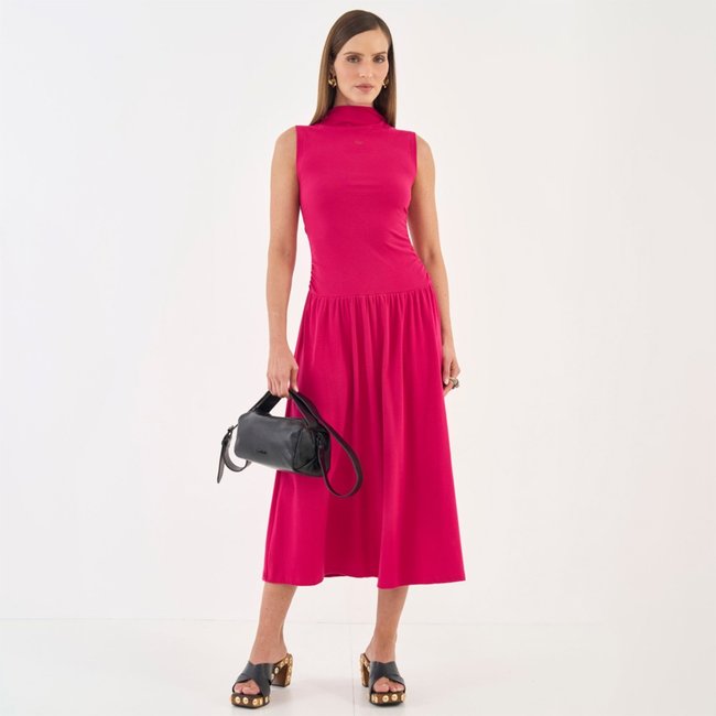 Vestido Midi Colcci Evasê Franzido Ou26 Rosa Feminino