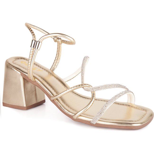 Sandália Feminina Brilho Strass Salto Alto Confortável Calce Fácil Festa Original Luxo Elegante Dourado
