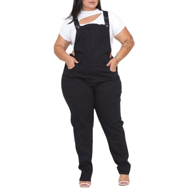 Macacão Jardineira Feminino Plus Size Preto