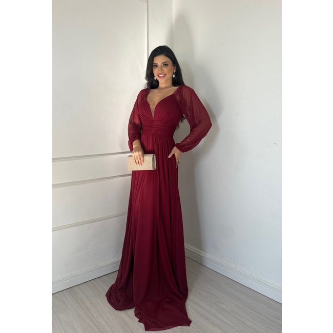 Vestido Longo Manga Longa Micro Tule Fernanda Para Festa, Madrinhas, Convidadas E Formandas Marsala