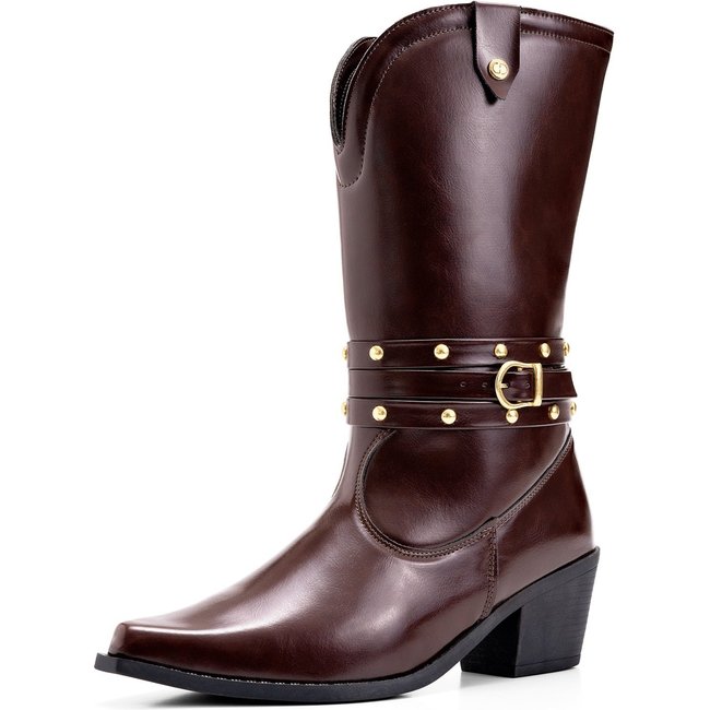 Bota Feminina Lumiss Country Western Cano Médio Salto Baixo Bico Fino Tachas Fivela Marrom