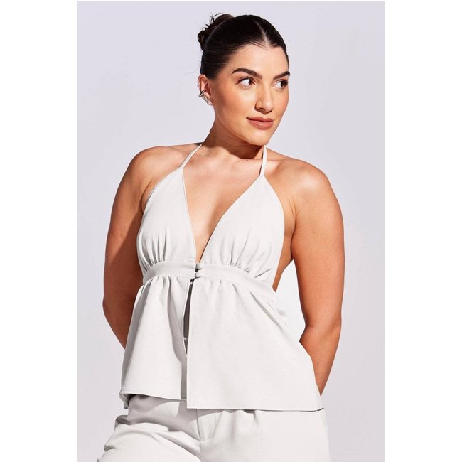 Blusa Feminina Letícia Vaz Amarração Frente Única Decote V Alfaiataria Branco