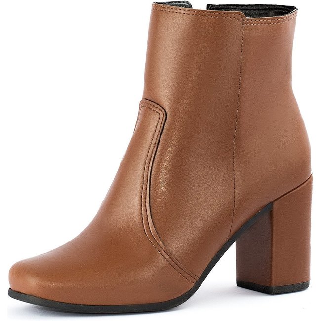 Bota Feminina Bico Quadrado Lumiss Salto Alto Grosso Coturno Cano Médio Confortável Zíper Caramelo