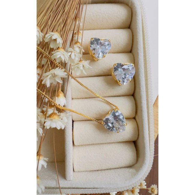 Conjunto Folheado a Ouro Coração Cristal - Branco - mellow brazil