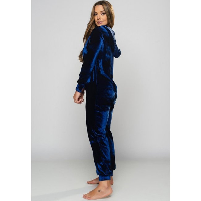 Macacão Longo MVB Modas Veludo Manga Longa Pijama Canguru Azul