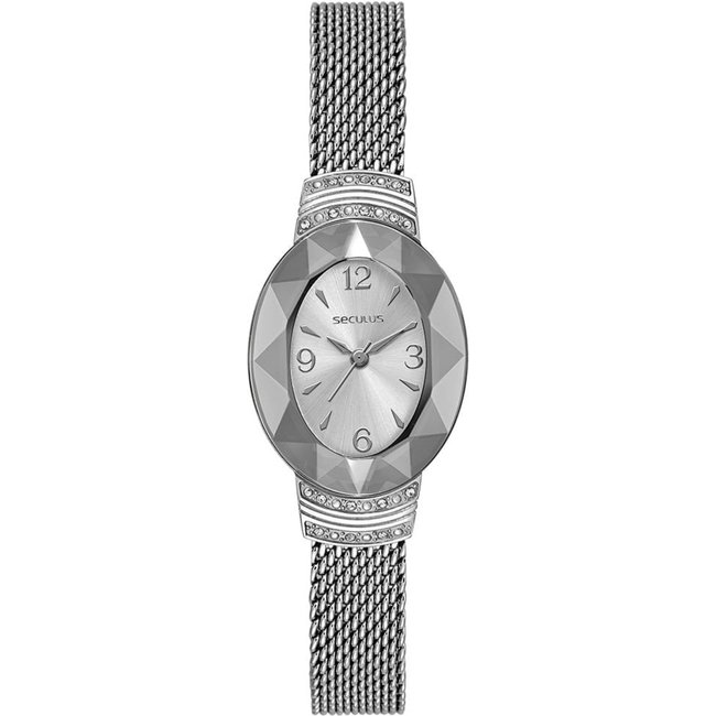 Relógio Feminino Seculus Oval Prata Vidro Facetado Seculus