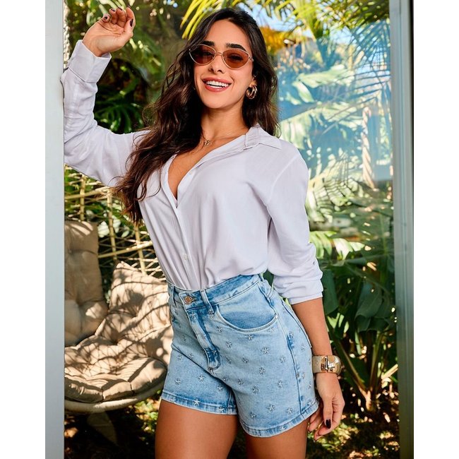 Shorts Jeans Mom Feminino Cintura Alta Bordado Estrelas 23940 Sky Consciência