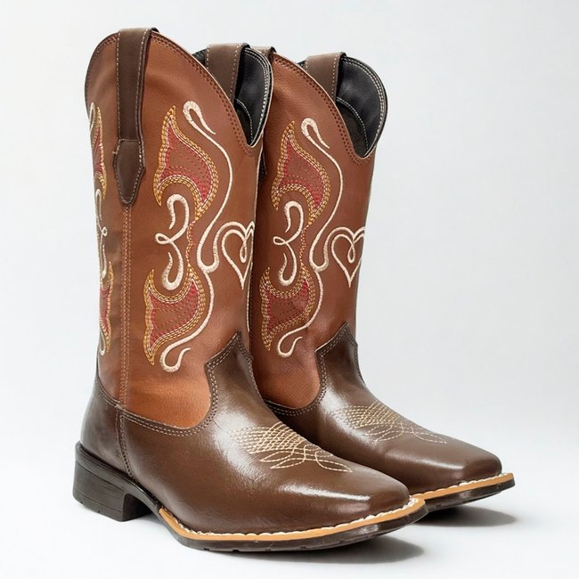 Bota Country Feminina em Couro Café Cano Longo Bordado Tribal Kapell