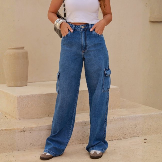 Calça Jeans Wide Leg Bolso Cargo Lateral Feminina Revanche Croas
