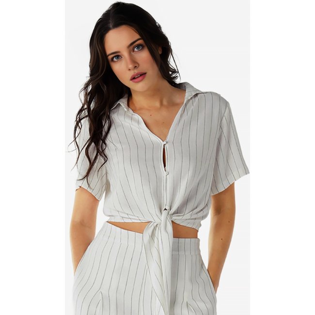 Blusa Branca de Linho Risca de Giz Manga Curta Bege