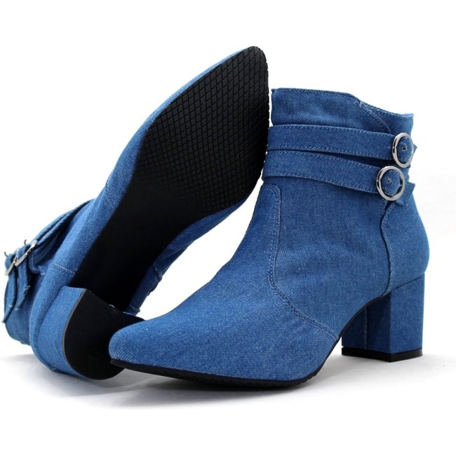Botas Femininas Jeans Lirom Cano Curto Salto Grosso Bico Fino