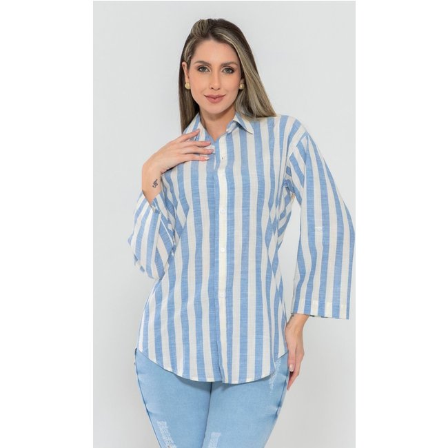Camisa Feminina Manga Longa Elegancy Listrada Azul - Docce Mulher
