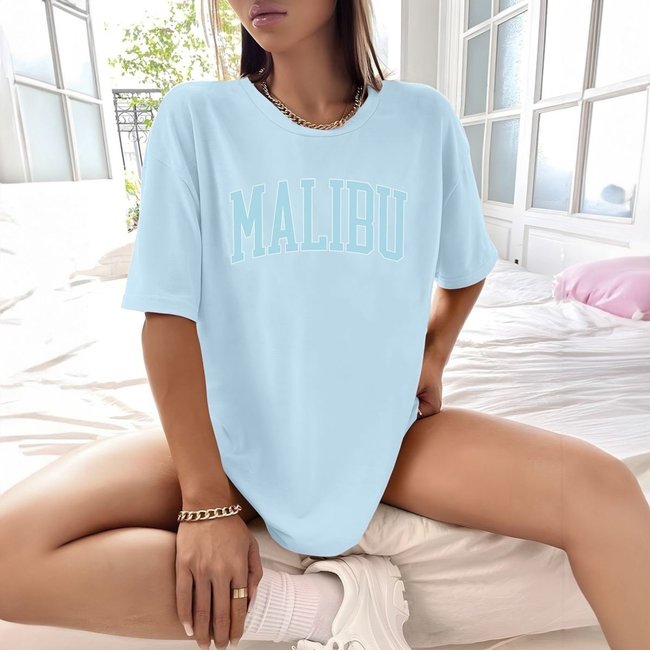 Camisa Camiseta Feminina Estampada Malibu 100% Algodão Fio 30.1 Penteado - Azul