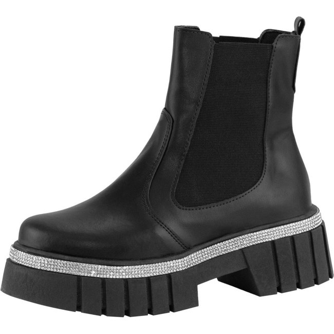 Bota Chelsea Feminina Amorelle Coturno Tratorado Strass Brilho Cristal Plataforma Cano Curto Preto