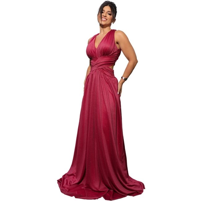 Vestido Longo de Festa Micro Tule com Brilho decote em V Abertura Lateral Camille Pink
