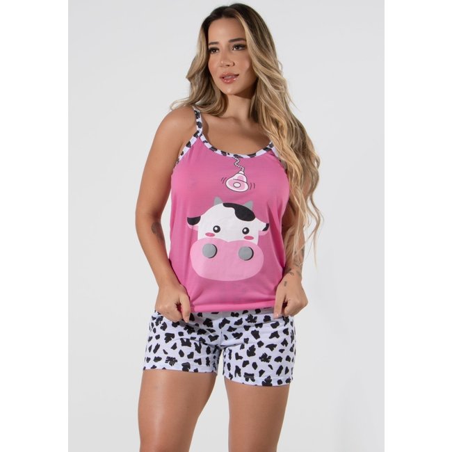 Pijama Curto 4 Estações Feminino Estampa Vaquinha Verão Casual Rosa