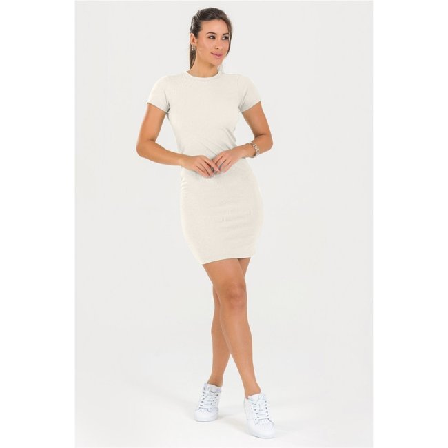 Vestido Tubinho Canelado com Manga Off White
