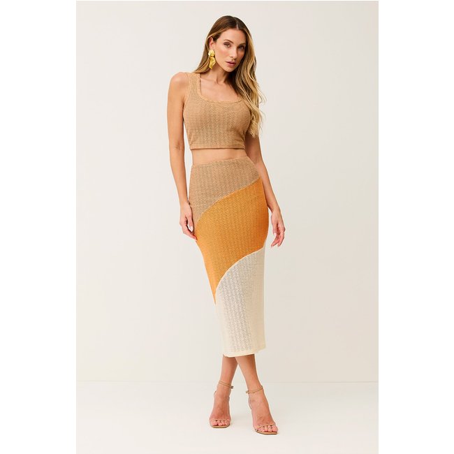 Saia Super Midi Lisa Com Recortes Marrom Cocada/natural/laranja Poente Charry