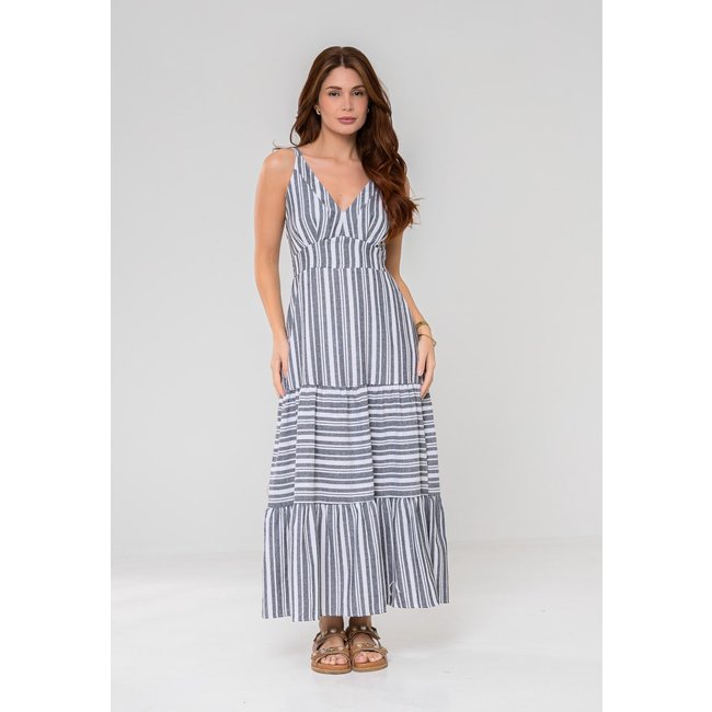 Vestido Aura Evelyn Linho Listrado Cinza
