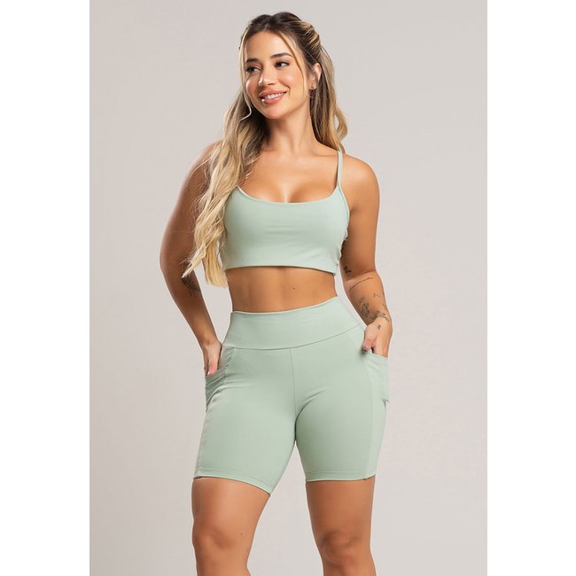 Short Fitness MVB Modas Bolsos Cintura Alta Feminina Poliamida Pistache