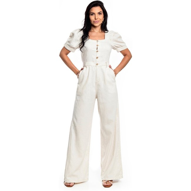 Macacao Pantalona Restrito Jeans De Linho Com Mangas - AREIA