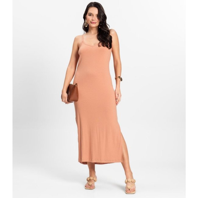 Vestido Midi em Ribana Canelada Rovitex Marrom