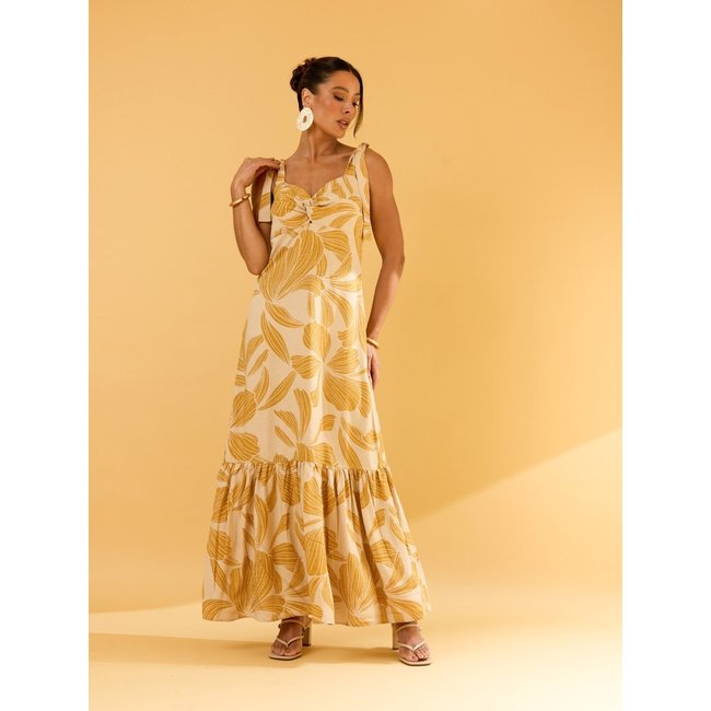 Vestido Longo Feminino Estampado Floral Alça Laço Verão Elegante